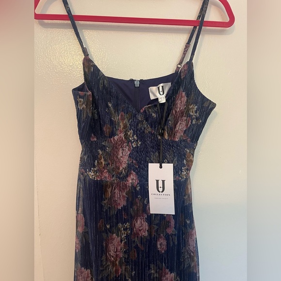 Navy Floral Shimmer Dress—Missing Belt, Size 4 - Picture 12 of 17